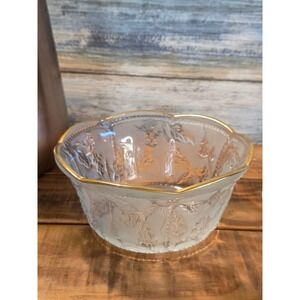 Vintage Frosted Crystal Floral Embossed Bowl with Gold Scalloped Rim Trim Luxury